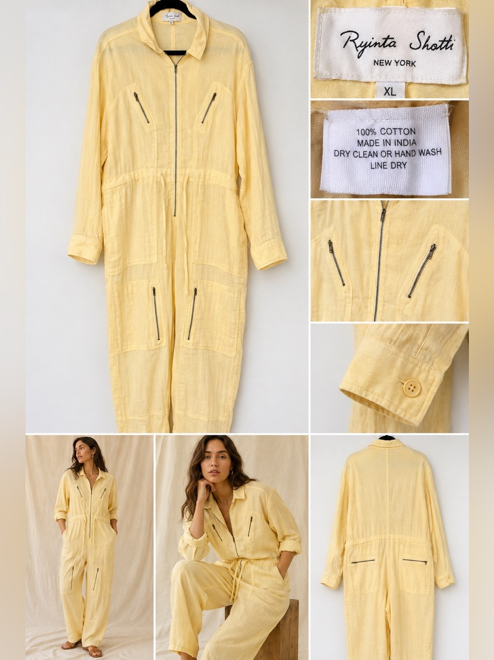 Rujuta Sheth XL Butter Yellow 100% Cotton Utility Cargo Jumpsuit Boilersuit